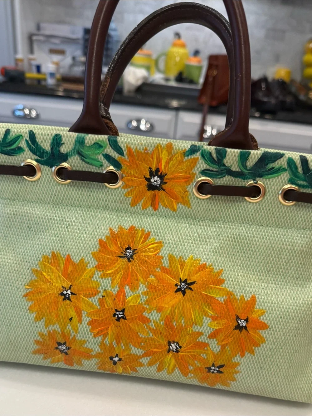 Dooney & Bourke VTG RARE Light Green Basketweave Tote W/Sunflowers EUC - Picture 5 of 12